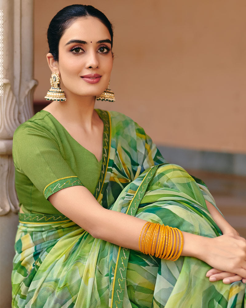 Vishal Prints Leaf Green Printed Georgette Digital Print Saree With Fancy Border