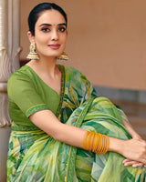 Vishal Prints Leaf Green Printed Georgette Digital Print Saree With Fancy Border