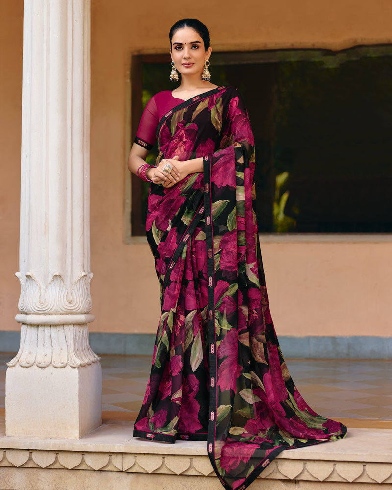Vishal Prints Midnight Black Printed Georgette Digital Print Saree With Fancy Border