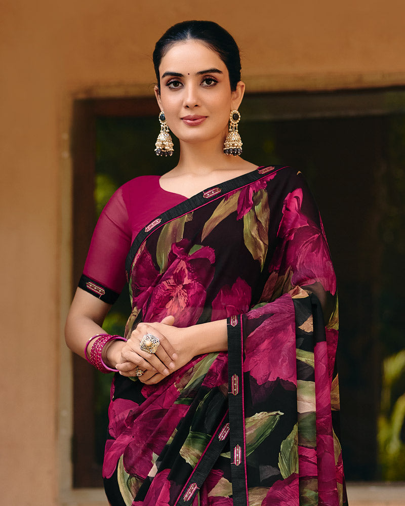 Vishal Prints Midnight Black Printed Georgette Digital Print Saree With Fancy Border