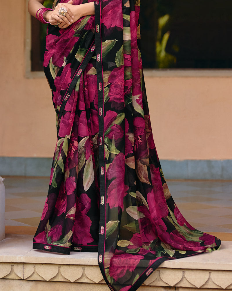 Vishal Prints Midnight Black Printed Georgette Digital Print Saree With Fancy Border