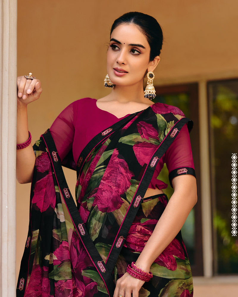 Vishal Prints Midnight Black Printed Georgette Digital Print Saree With Fancy Border