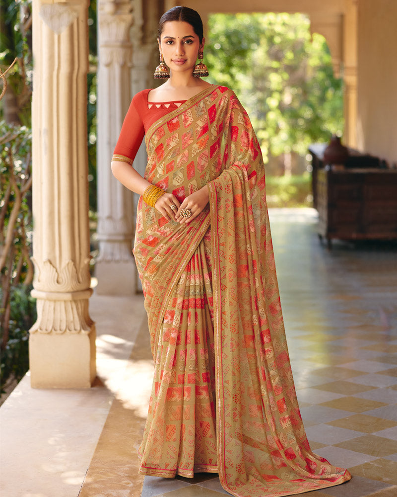 Vishal Prints Sand Beige Printed Georgette Digital Print Saree With Fancy Border
