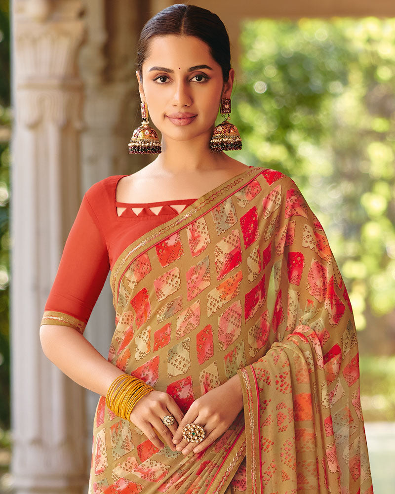 Vishal Prints Sand Beige Printed Georgette Digital Print Saree With Fancy Border