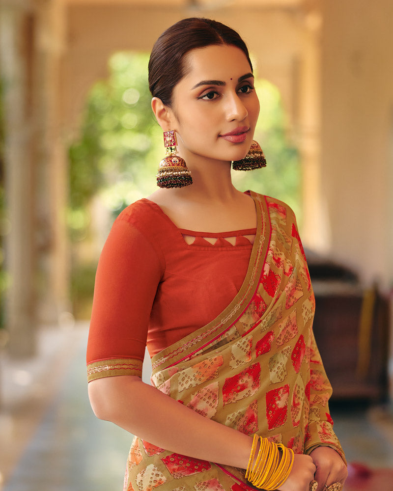 Vishal Prints Sand Beige Printed Georgette Digital Print Saree With Fancy Border