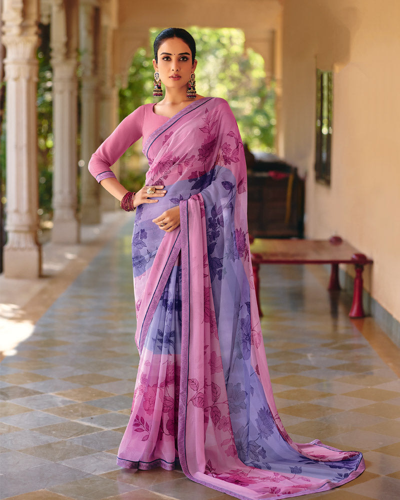 Vishal Prints Lilac Purple Printed Georgette Digital Print Saree With Fancy Border