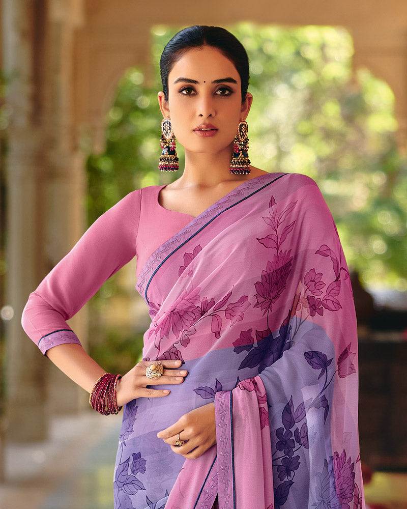 Vishal Prints Lilac Purple Printed Georgette Digital Print Saree With Fancy Border