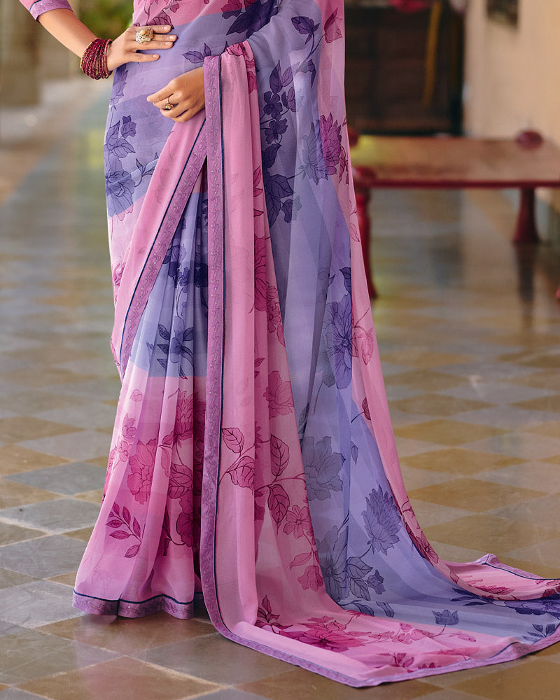 Vishal Prints Lilac Purple Printed Georgette Digital Print Saree With Fancy Border
