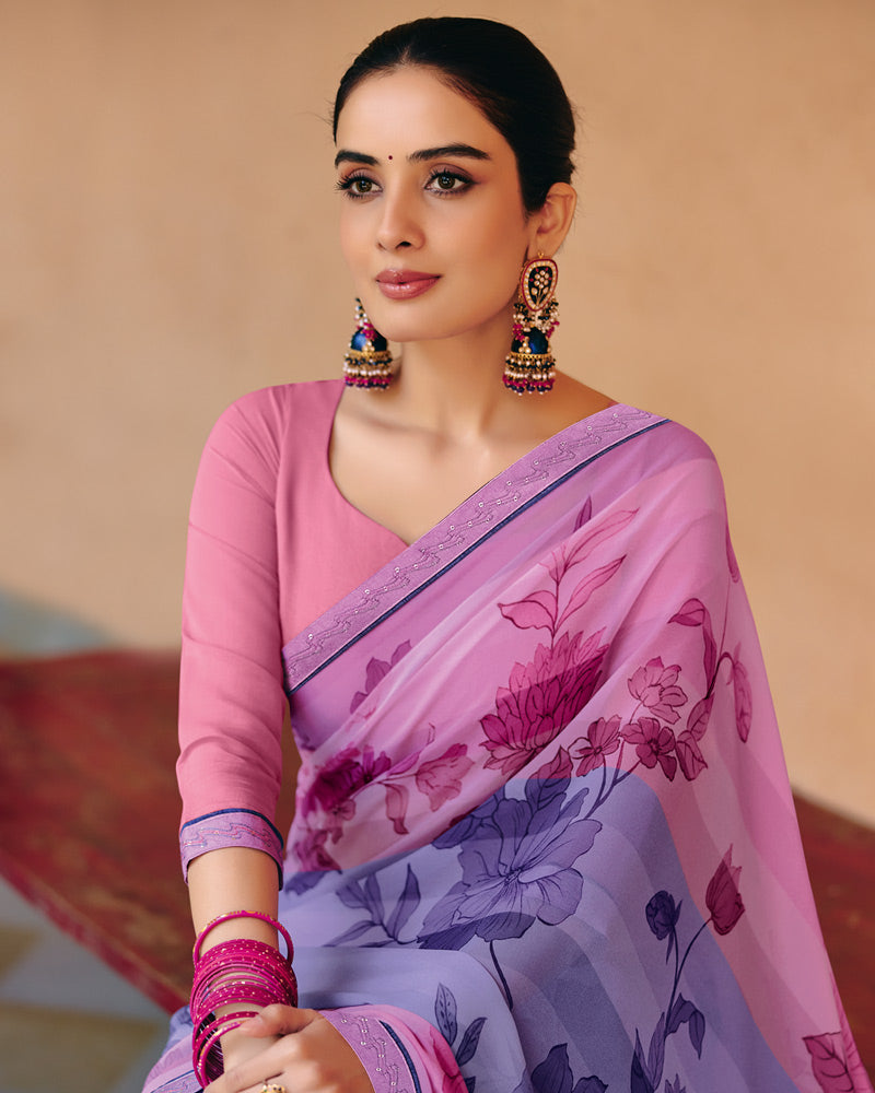 Vishal Prints Lilac Purple Printed Georgette Digital Print Saree With Fancy Border