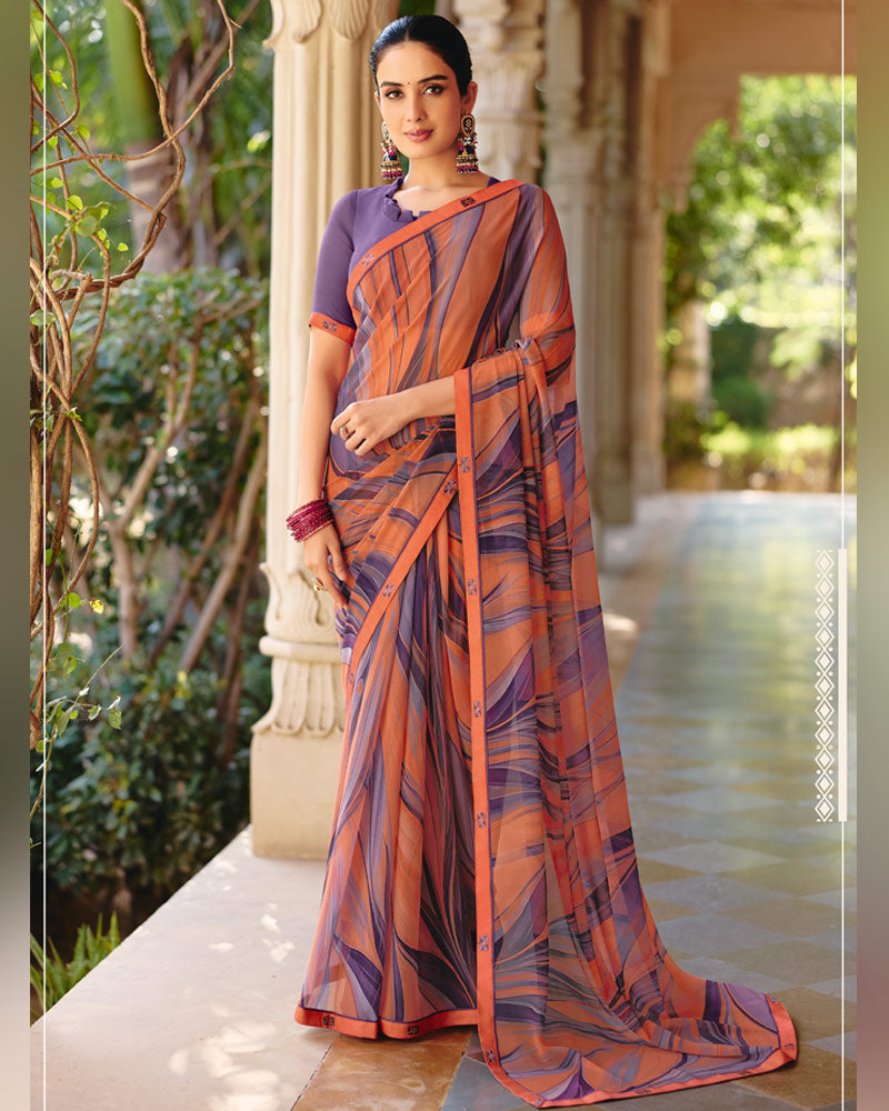 Vishal Prints Dusty Purple And Orange Printed Georgette Digital Print Saree With Fancy Border