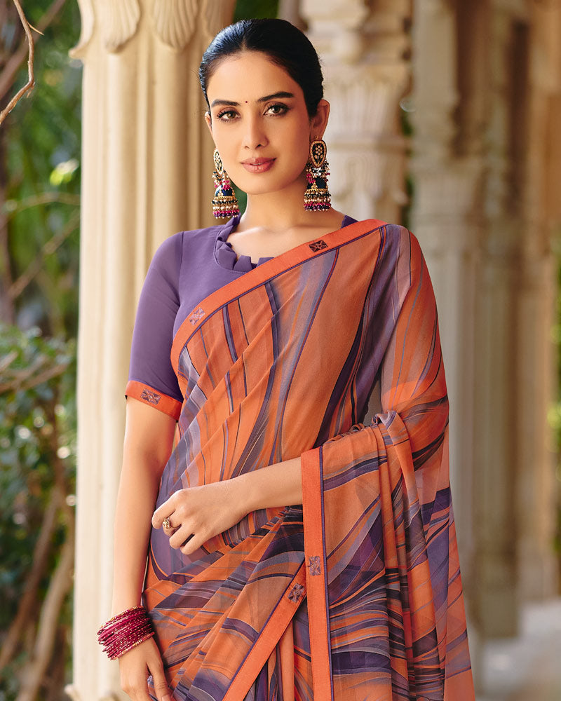 Vishal Prints Dusty Purple And Orange Printed Georgette Digital Print Saree With Fancy Border