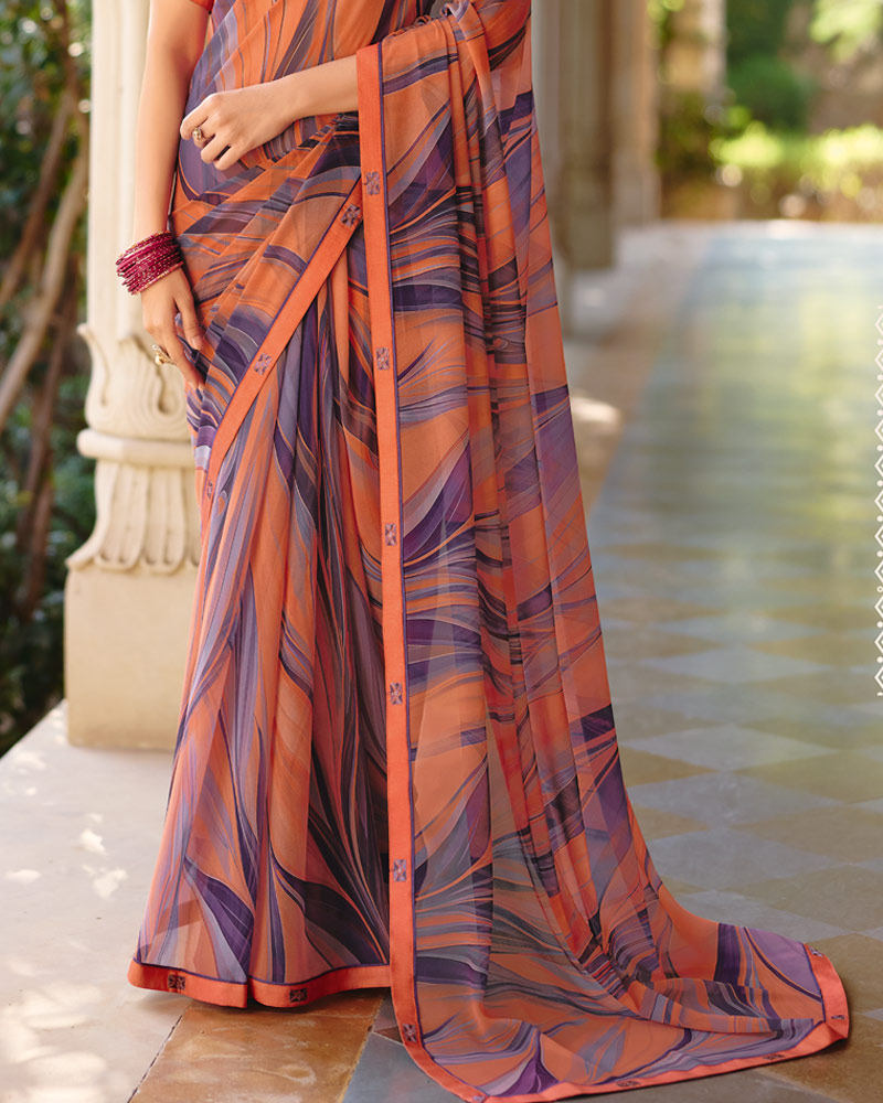 Vishal Prints Dusty Purple And Orange Printed Georgette Digital Print Saree With Fancy Border