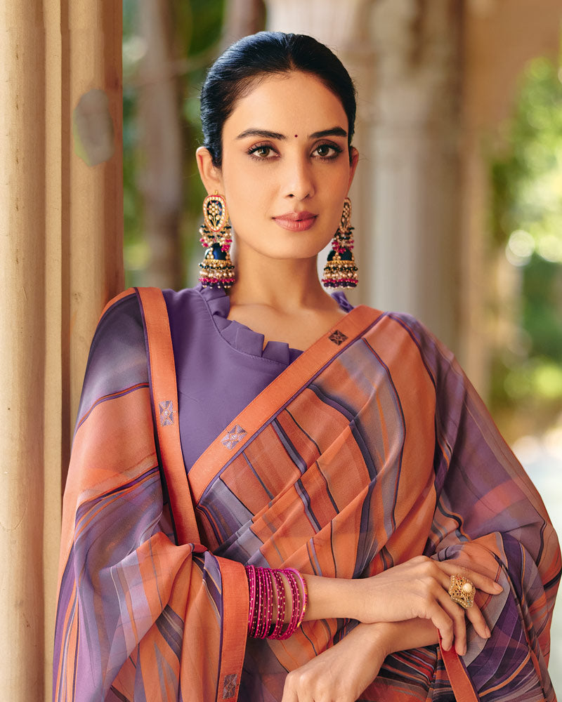 Vishal Prints Dusty Purple And Orange Printed Georgette Digital Print Saree With Fancy Border