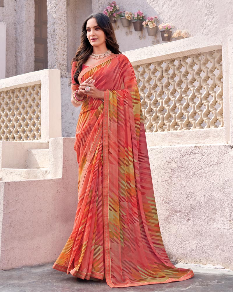 Vishal Prints Pastel Red Printed Georgette Digital Print Saree With Fancy Border
