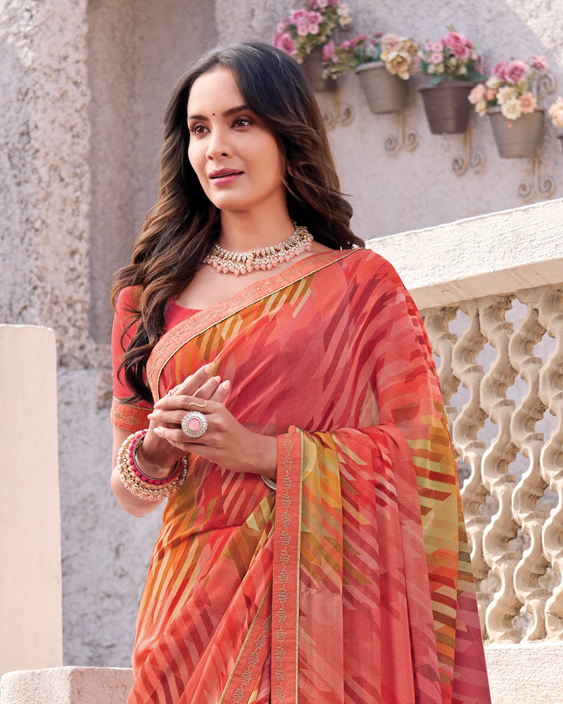 Vishal Prints Pastel Red Printed Georgette Digital Print Saree With Fancy Border