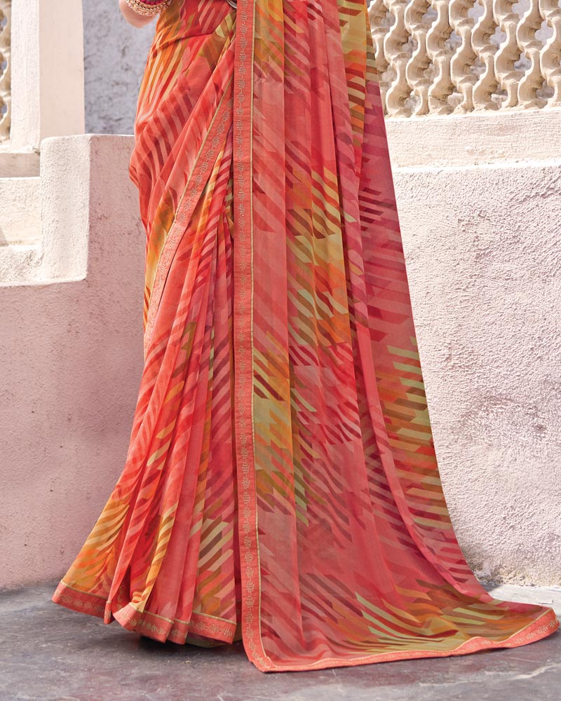 Vishal Prints Pastel Red Printed Georgette Digital Print Saree With Fancy Border