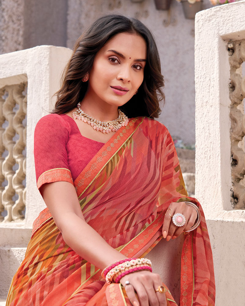 Vishal Prints Pastel Red Printed Georgette Digital Print Saree With Fancy Border