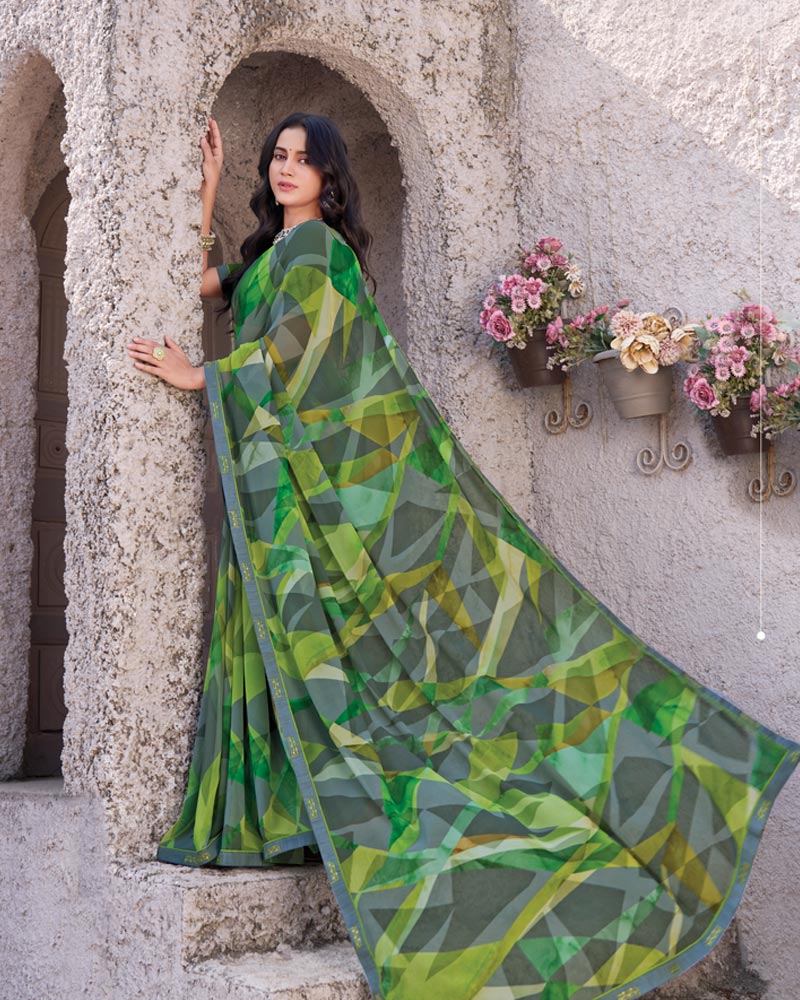 Vishal Prints Multi Green Printed Georgette Digital Print Saree With Fancy Border