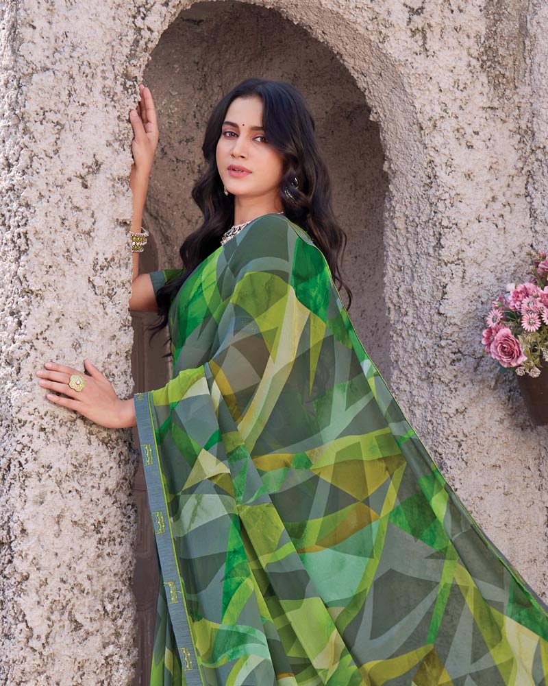 Vishal Prints Multi Green Printed Georgette Digital Print Saree With Fancy Border