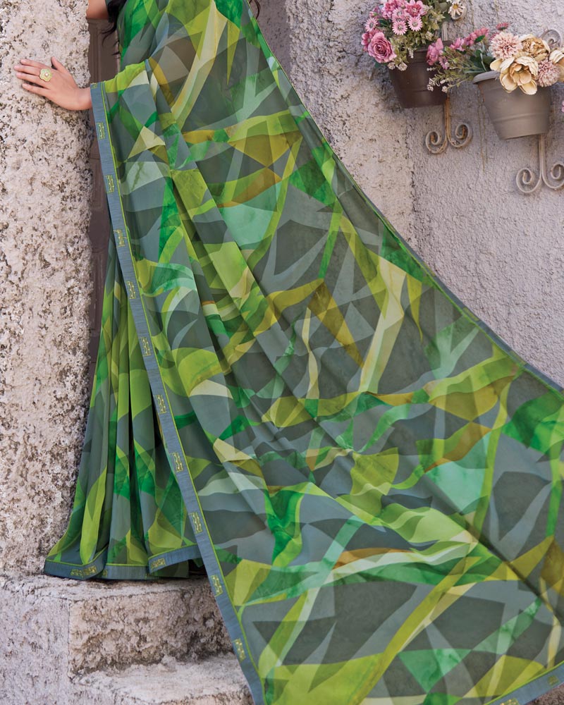 Vishal Prints Multi Green Printed Georgette Digital Print Saree With Fancy Border