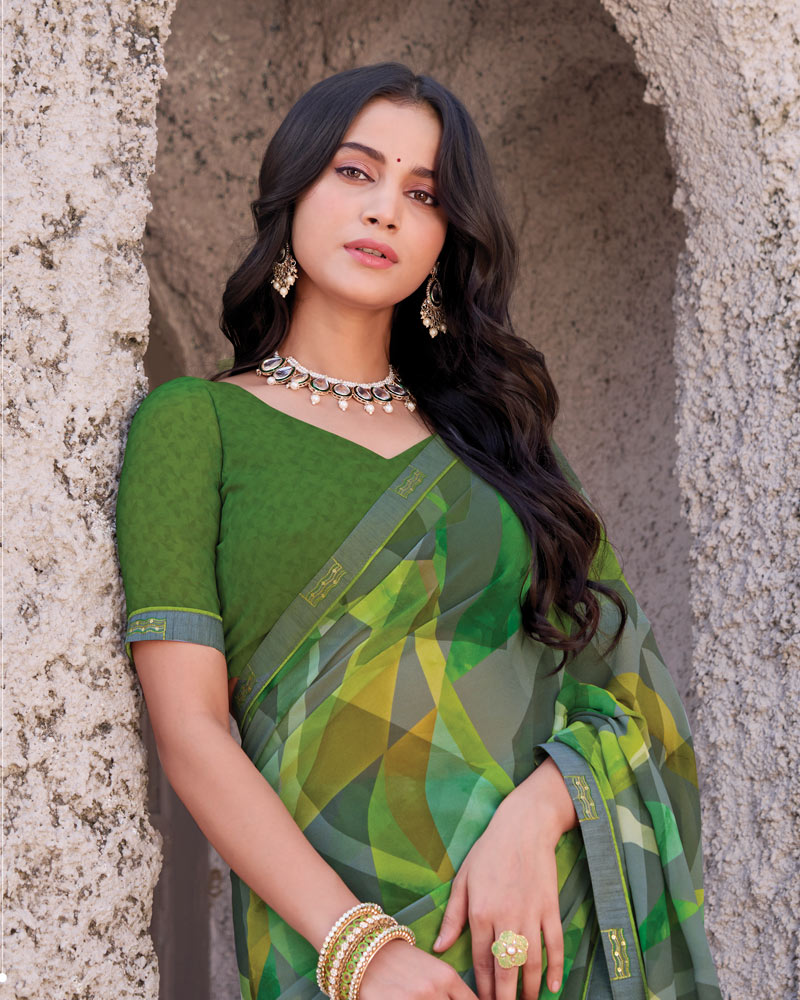 Vishal Prints Multi Green Printed Georgette Digital Print Saree With Fancy Border