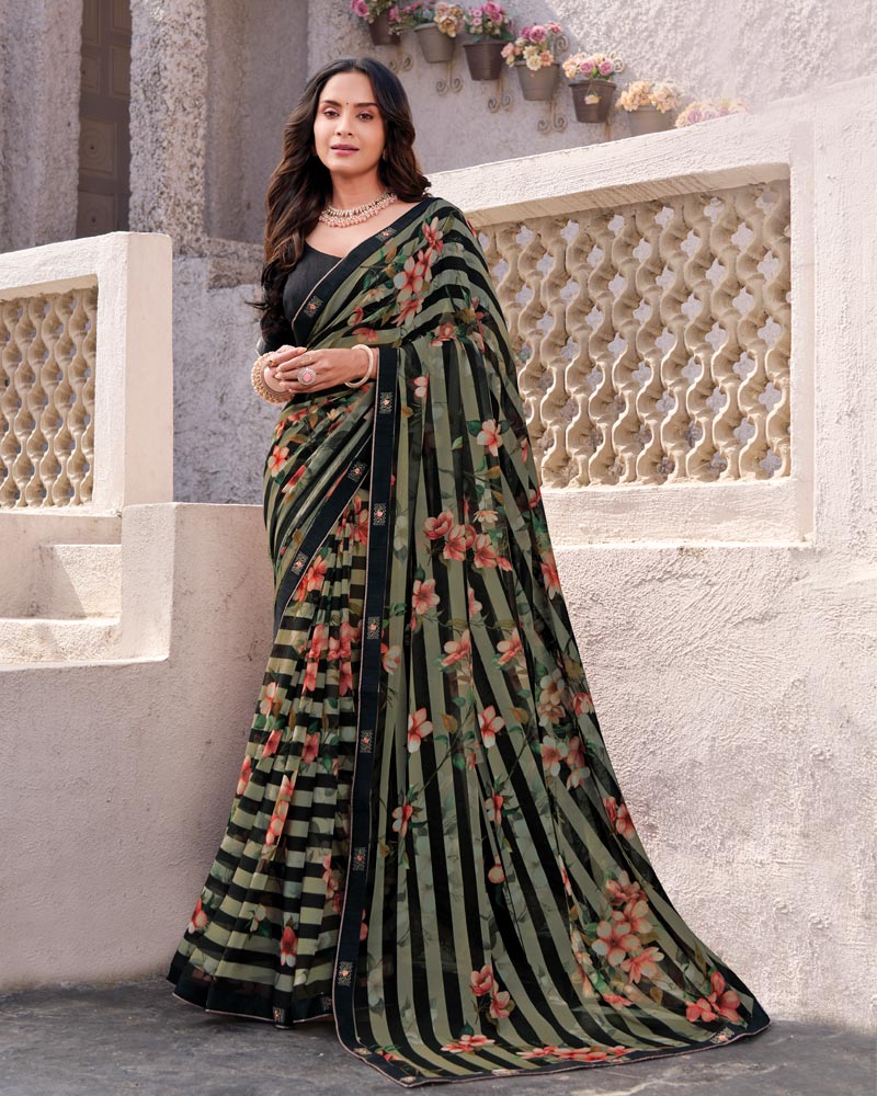 Vishal Prints Midnight Black Printed Georgette Digital Print Saree With Fancy Border