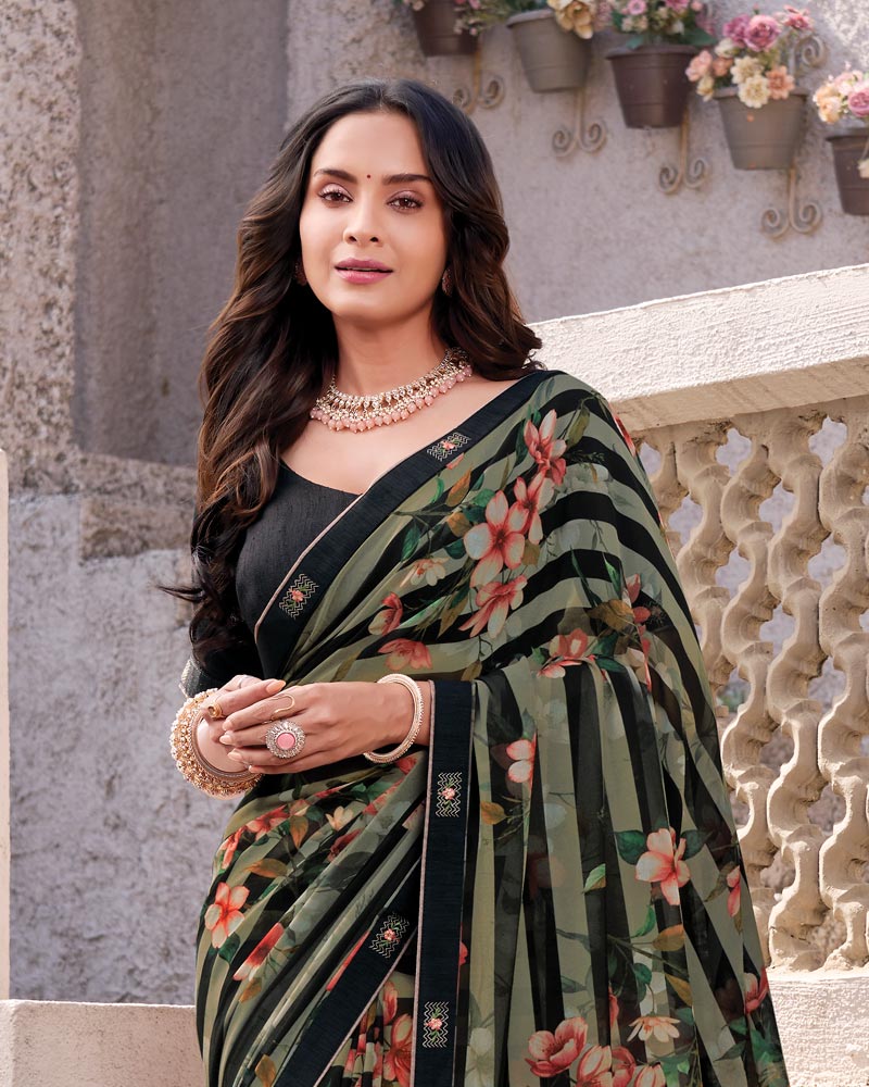 Vishal Prints Midnight Black Printed Georgette Digital Print Saree With Fancy Border