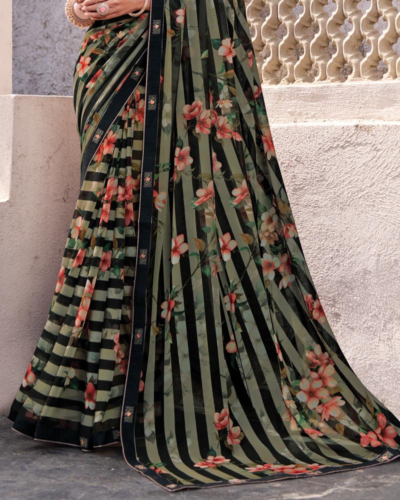 Vishal Prints Midnight Black Printed Georgette Digital Print Saree With Fancy Border