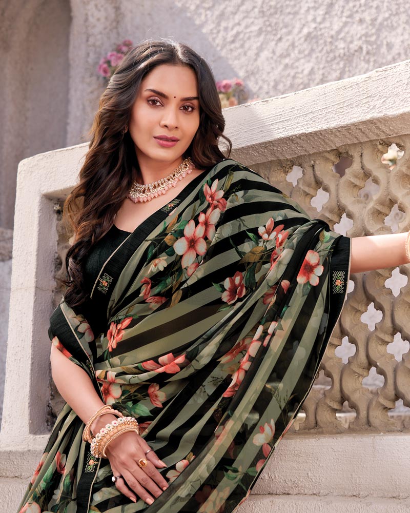 Vishal Prints Midnight Black Printed Georgette Digital Print Saree With Fancy Border