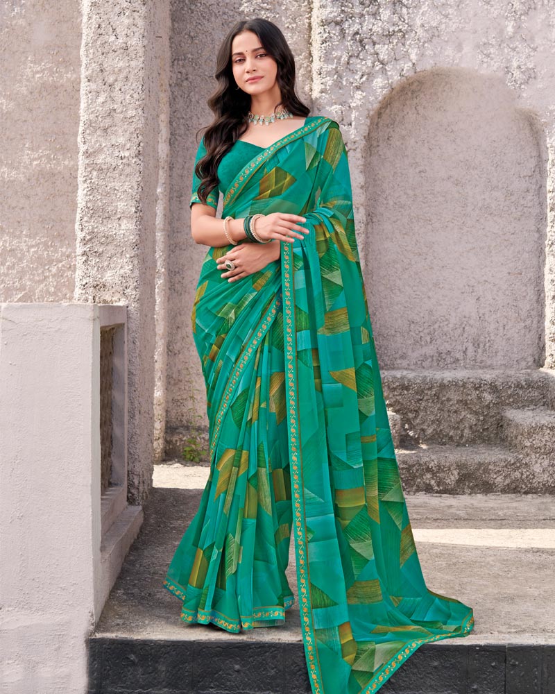 Vishal Prints Pine Green Printed Georgette Digital Print Saree With Fancy Border