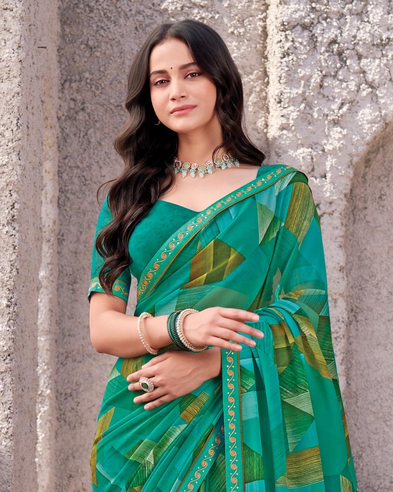Vishal Prints Pine Green Printed Georgette Digital Print Saree With Fancy Border