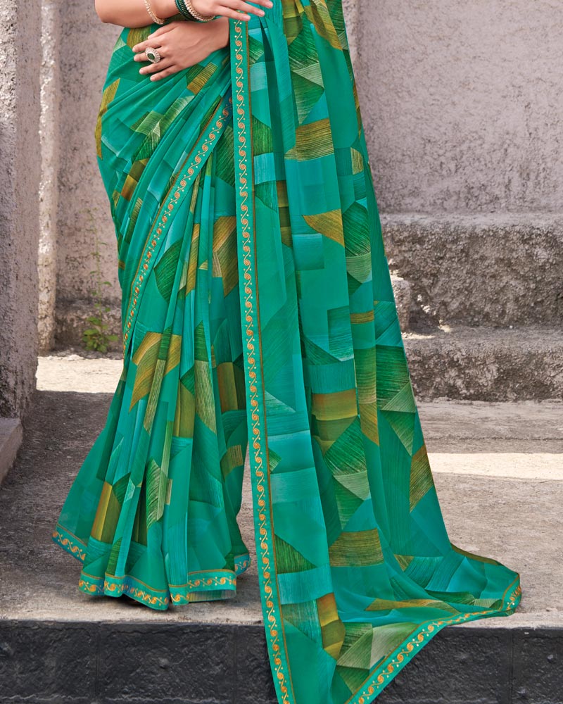 Vishal Prints Pine Green Printed Georgette Digital Print Saree With Fancy Border