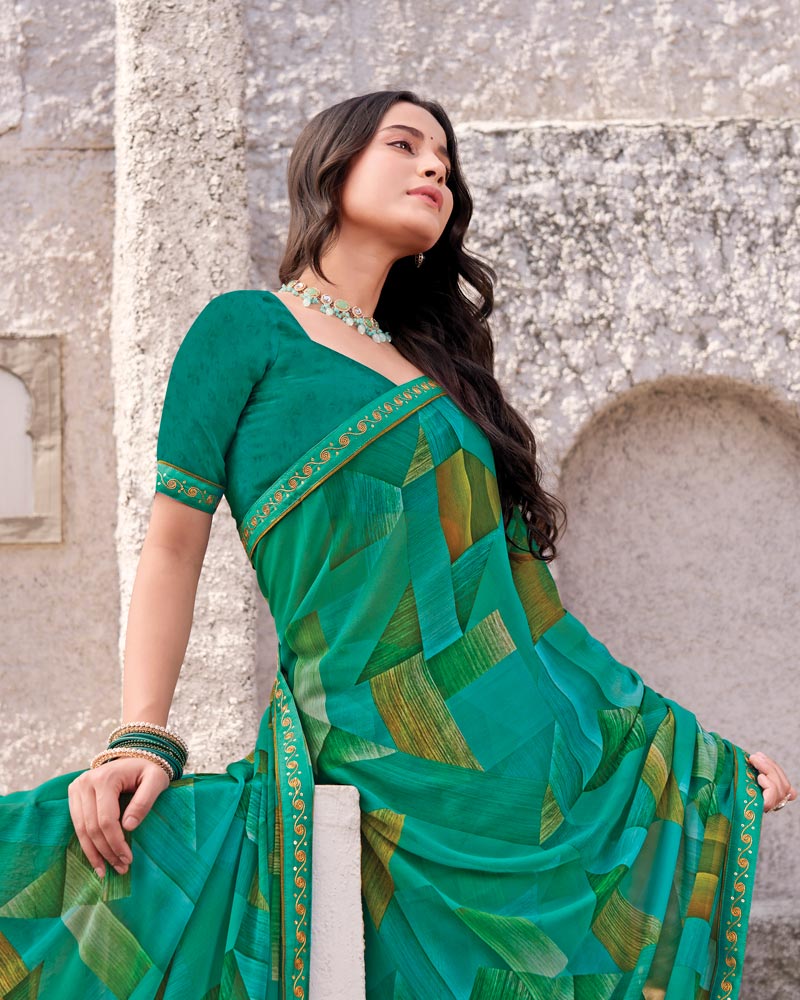 Vishal Prints Pine Green Printed Georgette Digital Print Saree With Fancy Border