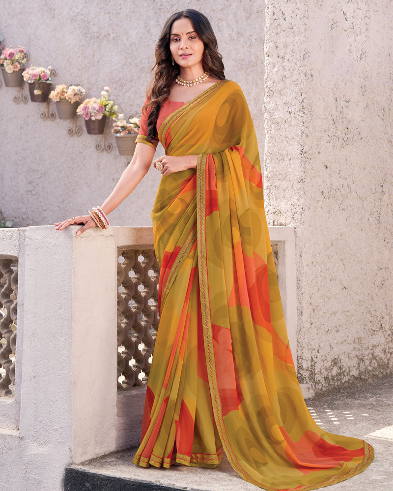 Vishal Prints Dusty Orange Printed Georgette Digital Print Saree With Fancy Border