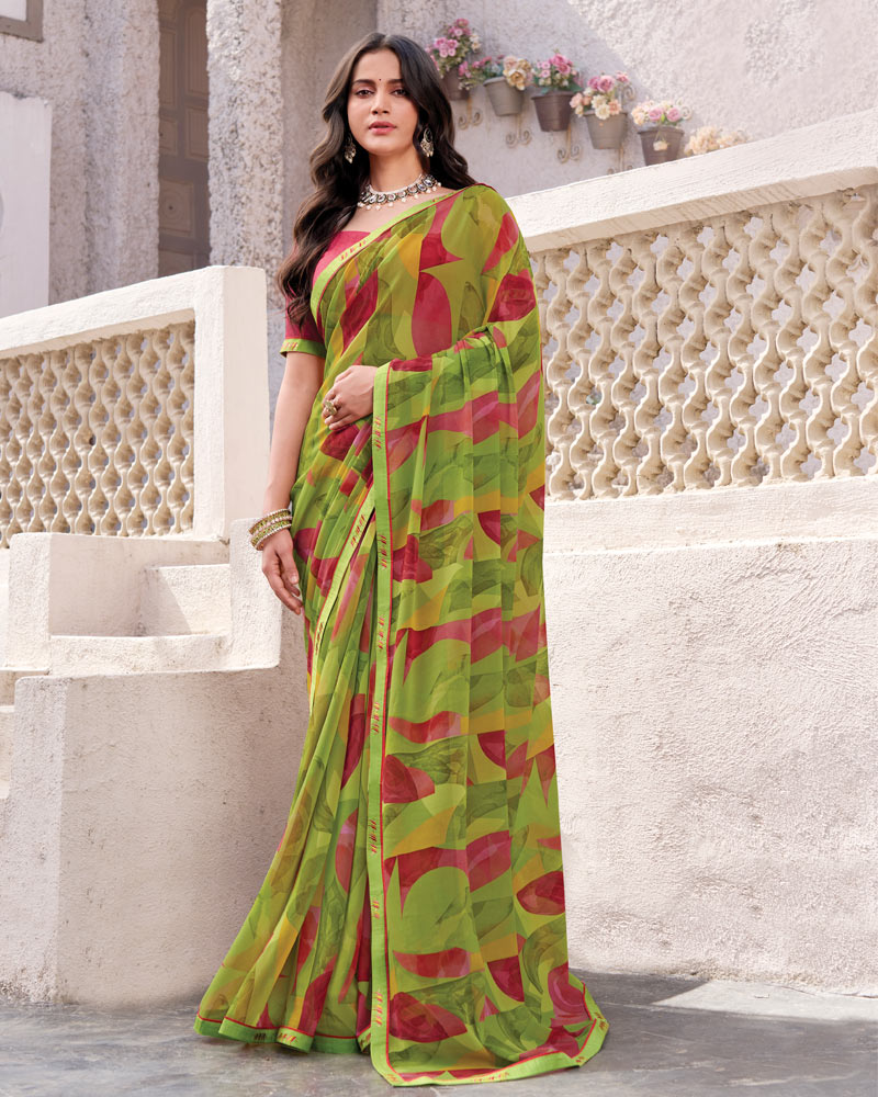 Vishal Prints Khaki Green Printed Georgette Digital Print Saree With Fancy Border