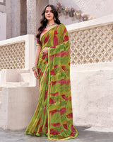 Vishal Prints Khaki Green Printed Georgette Digital Print Saree With Fancy Border