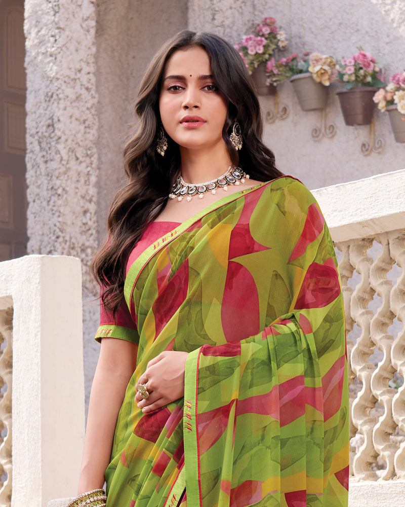 Vishal Prints Khaki Green Printed Georgette Digital Print Saree With Fancy Border
