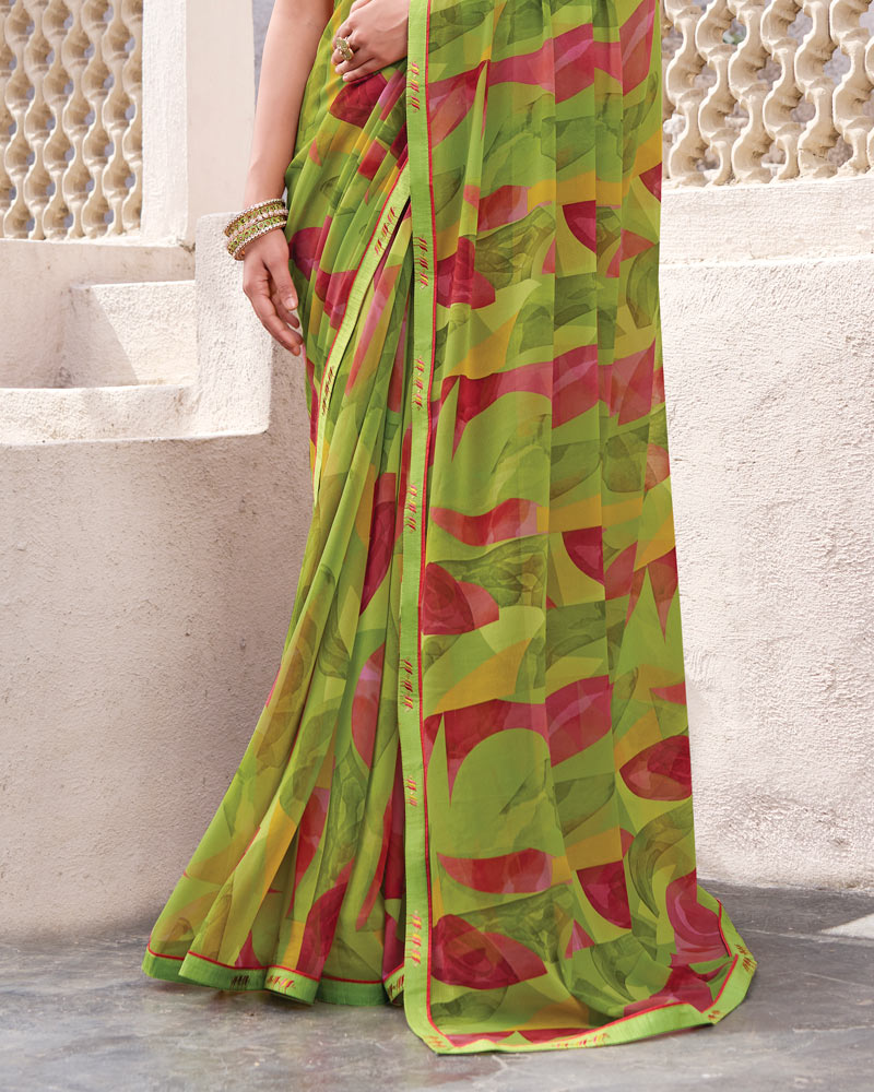 Vishal Prints Khaki Green Printed Georgette Digital Print Saree With Fancy Border