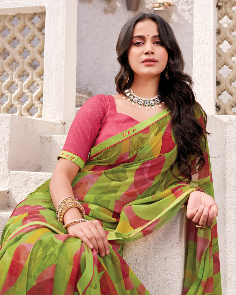 Vishal Prints Khaki Green Printed Georgette Digital Print Saree With Fancy Border