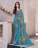 Vishal Prints Glacial Ice Blue Printed Georgette Digital Print Saree With Fancy Border