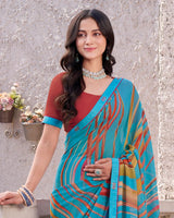 Vishal Prints Glacial Ice Blue Printed Georgette Digital Print Saree With Fancy Border