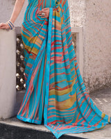 Vishal Prints Glacial Ice Blue Printed Georgette Digital Print Saree With Fancy Border