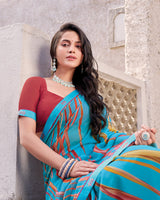 Vishal Prints Glacial Ice Blue Printed Georgette Digital Print Saree With Fancy Border