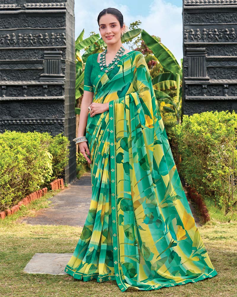 Vishal Prints Green Yellow Digital Print Georgette Saree With Fancy Embroidery Border