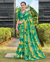 Vishal Prints Green Yellow Digital Print Georgette Saree With Fancy Embroidery Border