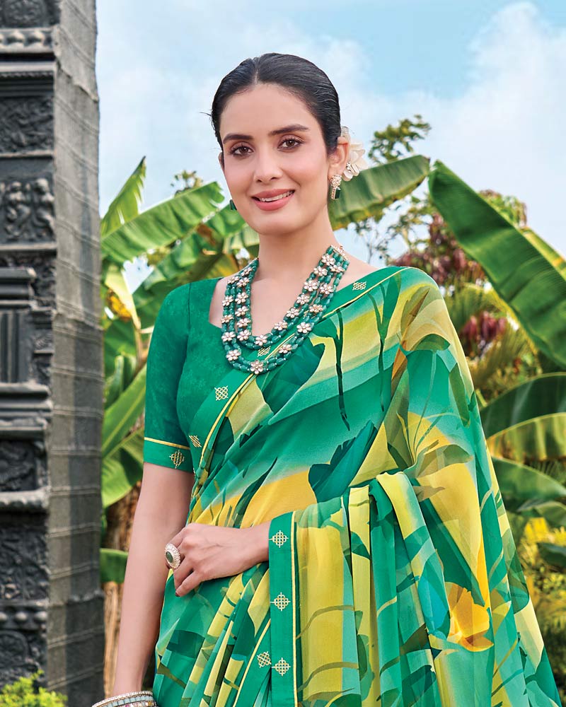 Vishal Prints Green Yellow Digital Print Georgette Saree With Fancy Embroidery Border