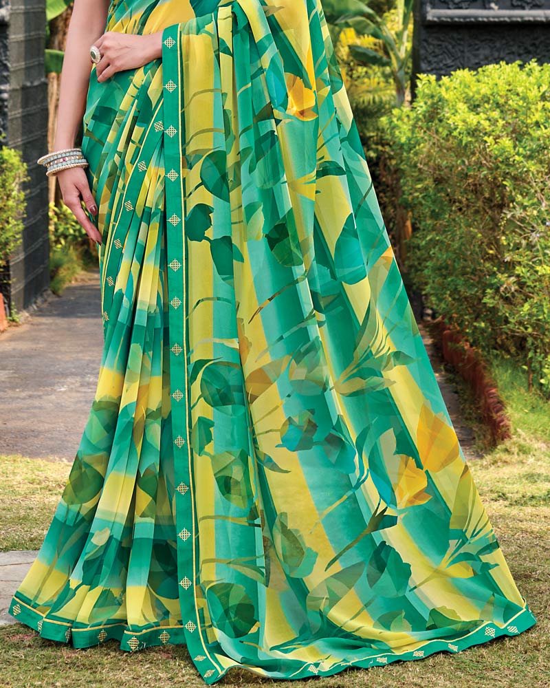 Vishal Prints Green Yellow Digital Print Georgette Saree With Fancy Embroidery Border