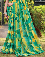 Vishal Prints Green Yellow Digital Print Georgette Saree With Fancy Embroidery Border