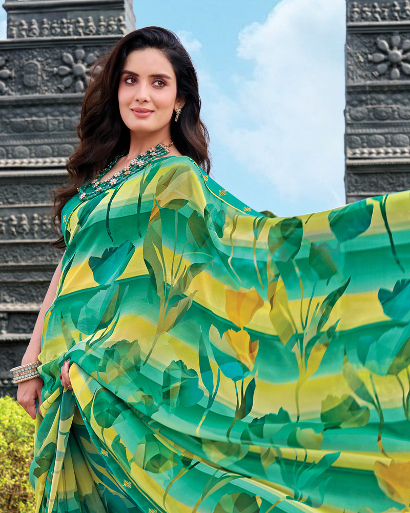 Vishal Prints Green Yellow Digital Print Georgette Saree With Fancy Embroidery Border