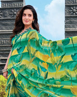 Vishal Prints Green Yellow Digital Print Georgette Saree With Fancy Embroidery Border